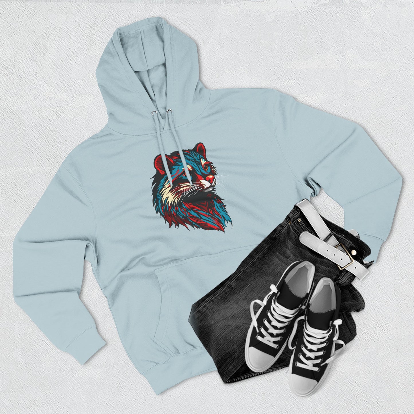 Hand-drawn Alaska Native inspired mink hoodie — original Indigenous wildlife design — back view