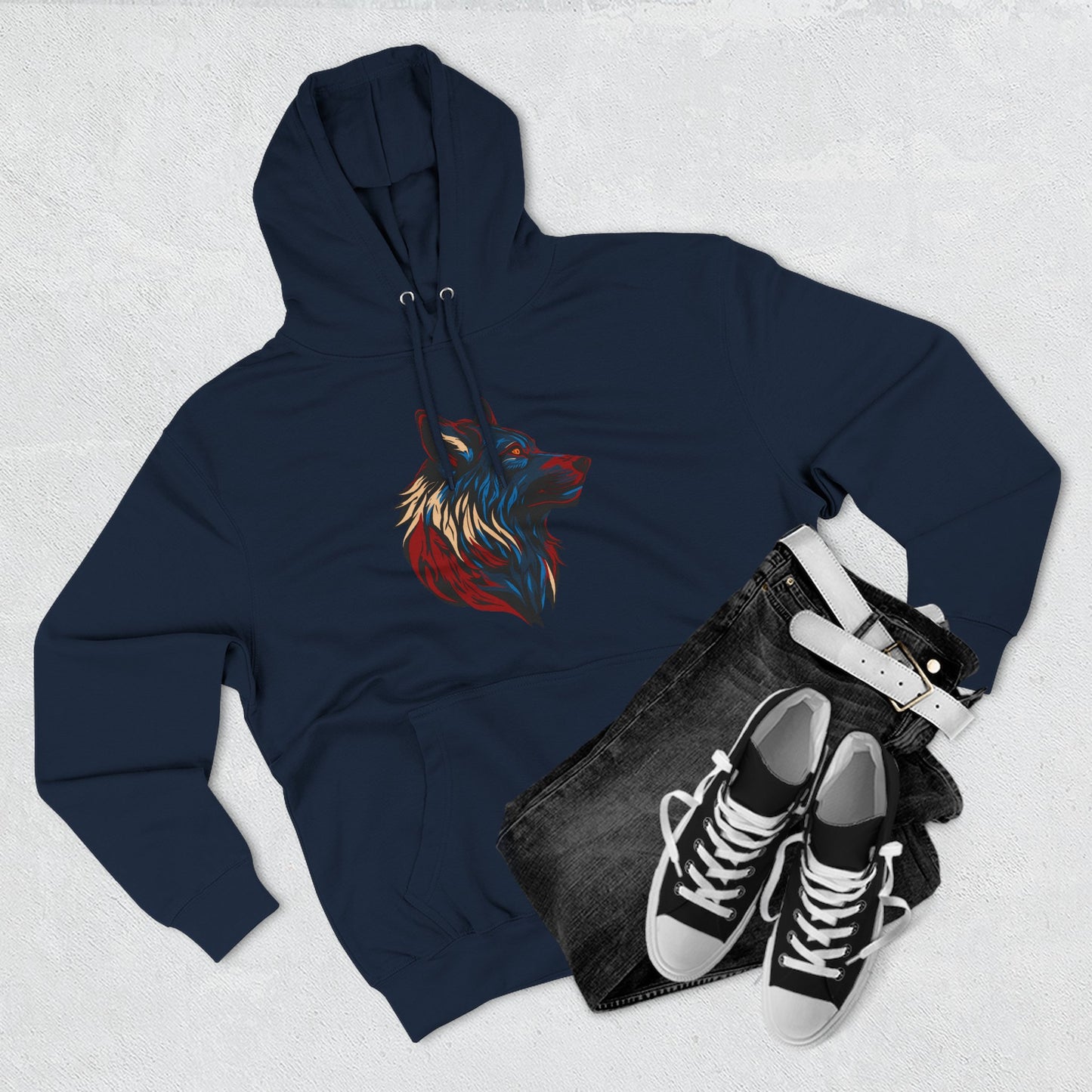 Hand-drawn Alaska Native inspired wolf hoodie — original Indigenous wildlife design — back view