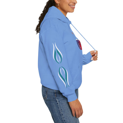 Hand-drawn 'Courage' word art hoodie inspired by Alaska Native design traditions — close-up texture detail