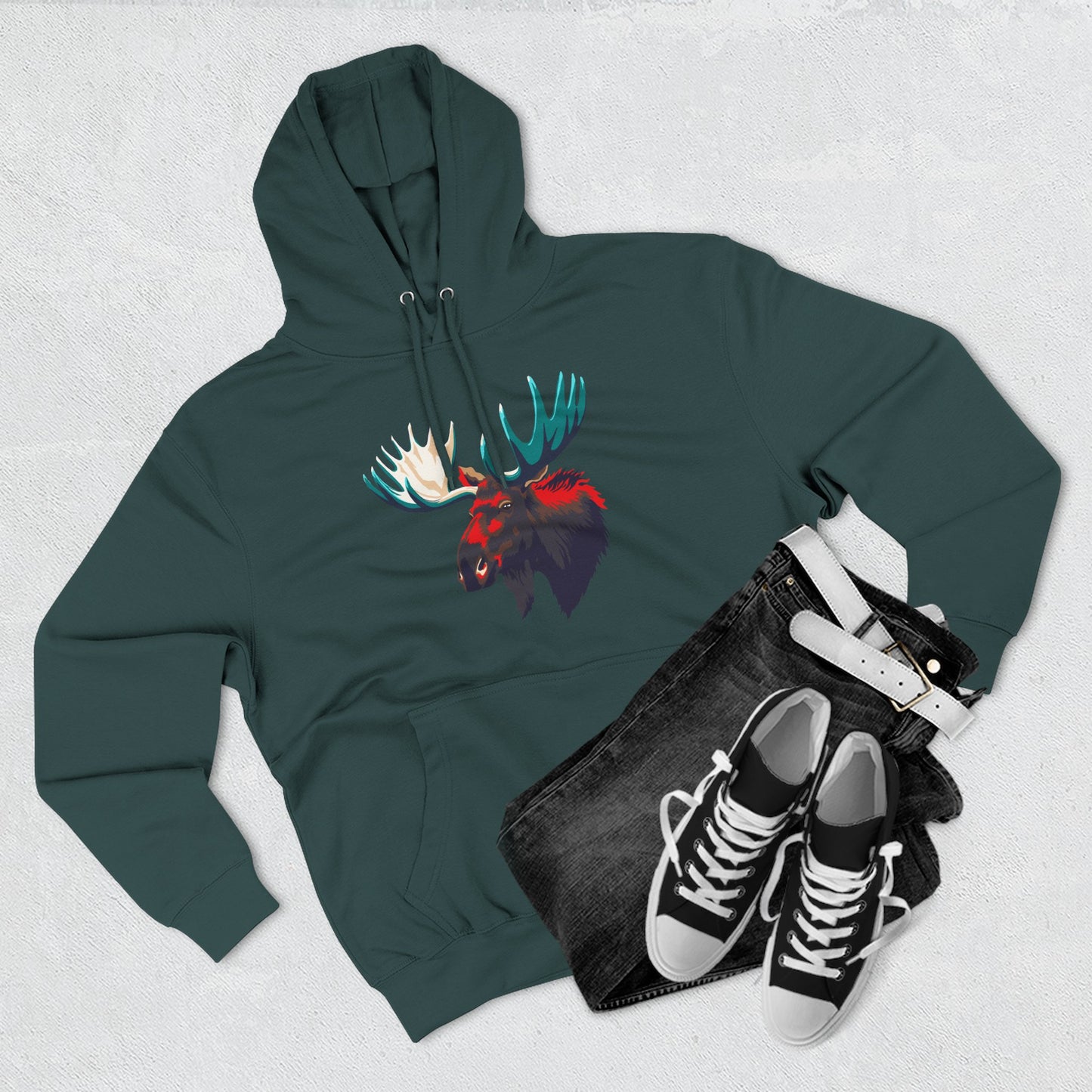 Hand-drawn Alaska Native inspired moose hoodie — original Indigenous wildlife design — back view