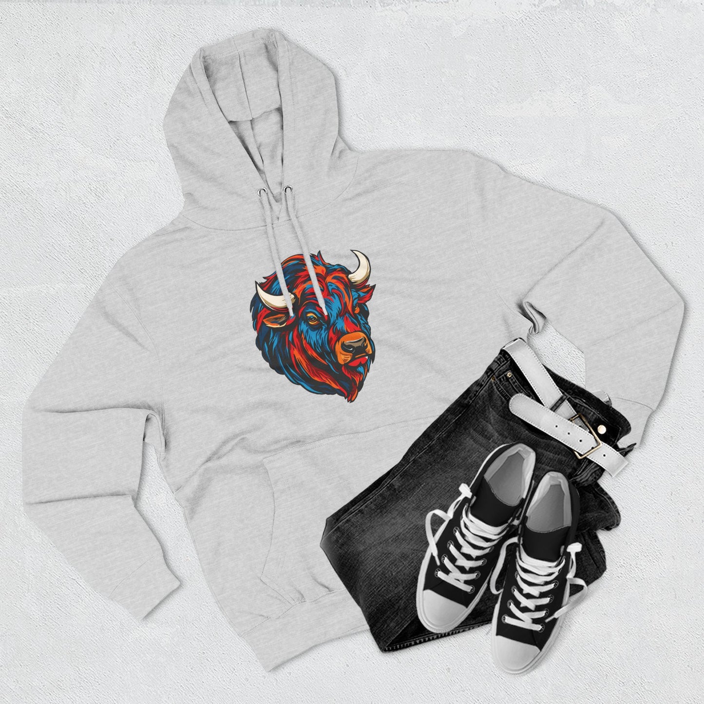 Hand-drawn Alaska Native inspired bison hoodie — original Indigenous wildlife design — close-up texture detail
