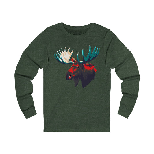 Hand-drawn moose icon long-sleeve tee — original wildlife art by Kayanna Healy at Neo Native