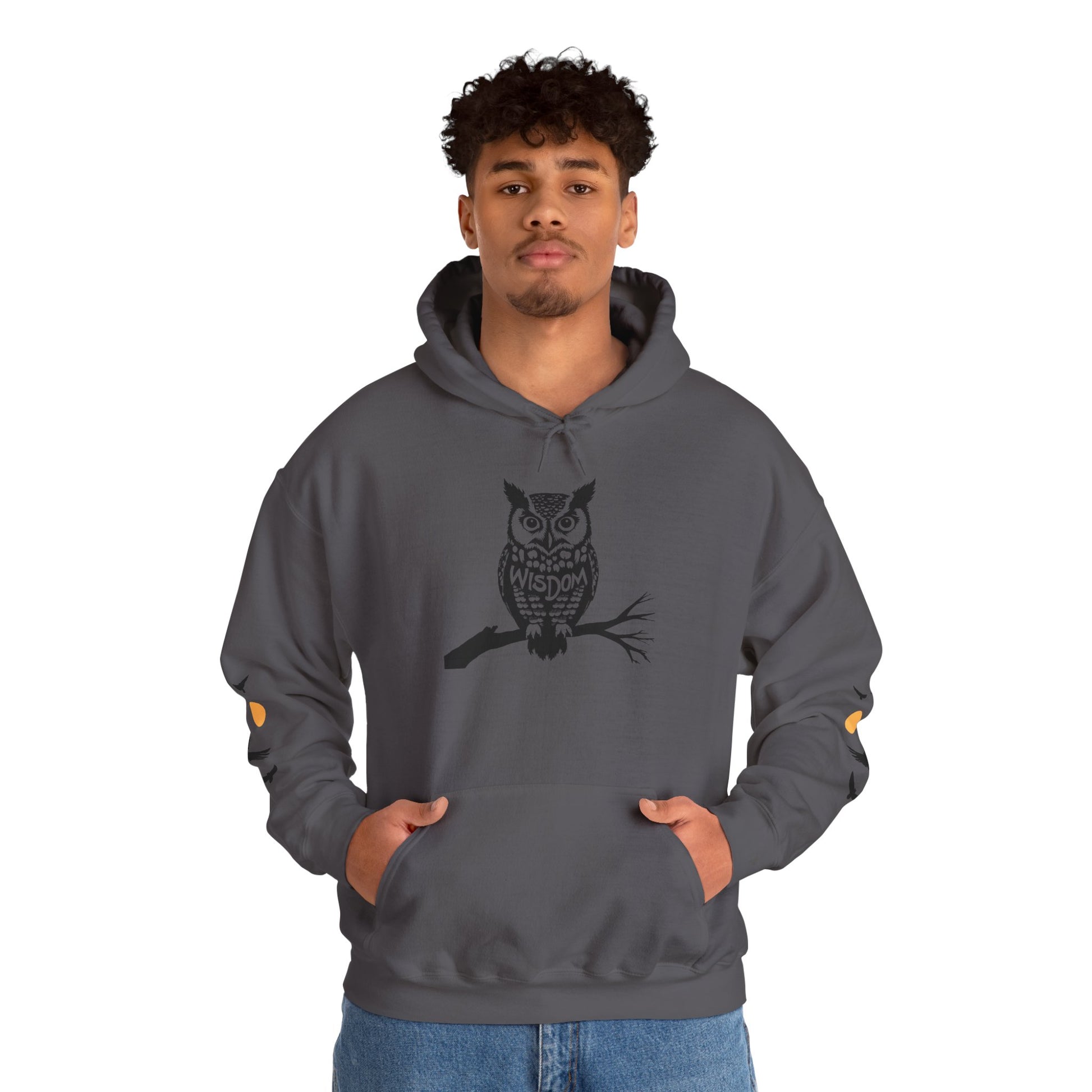 Hand-drawn 'Wisdom' word art hoodie inspired by Alaska Native design traditions — back view