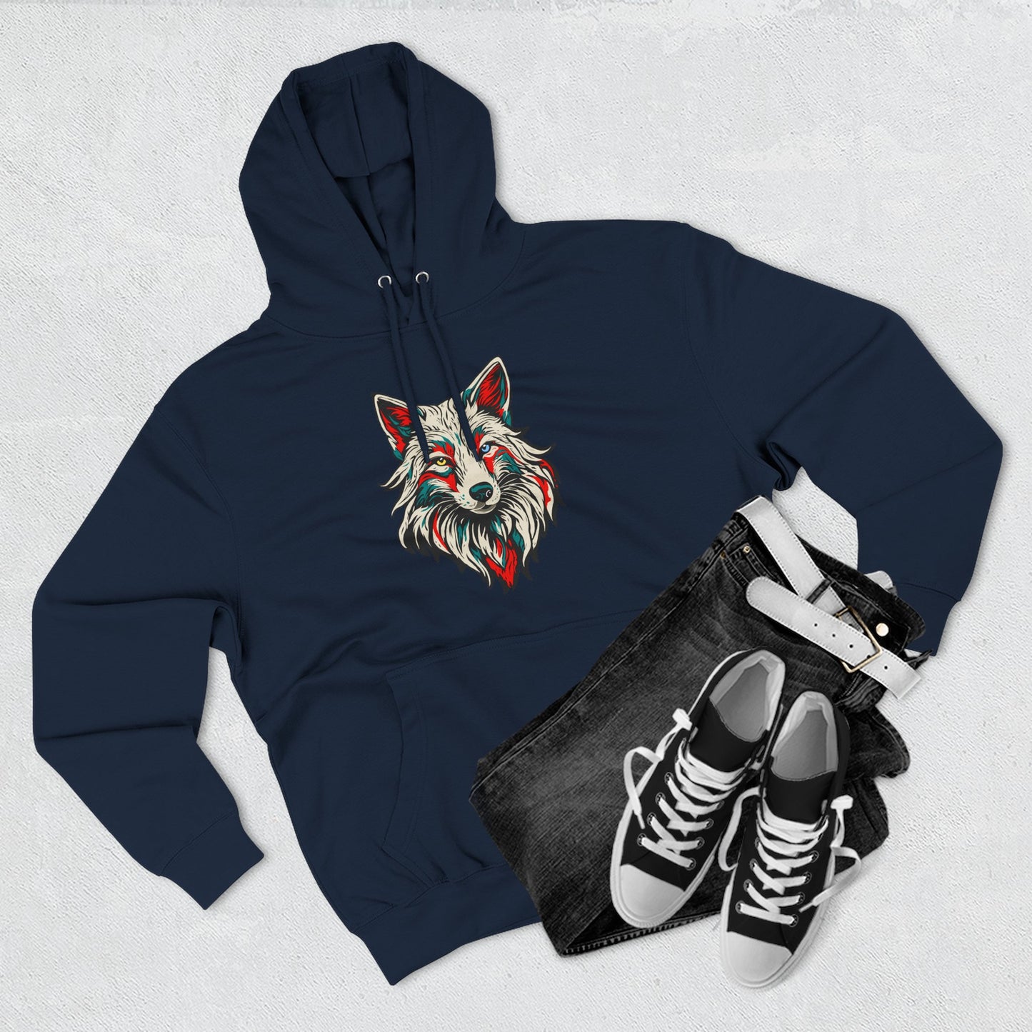 Hand-drawn Alaska Native inspired arctic fox hoodie — original Indigenous wildlife design — back view