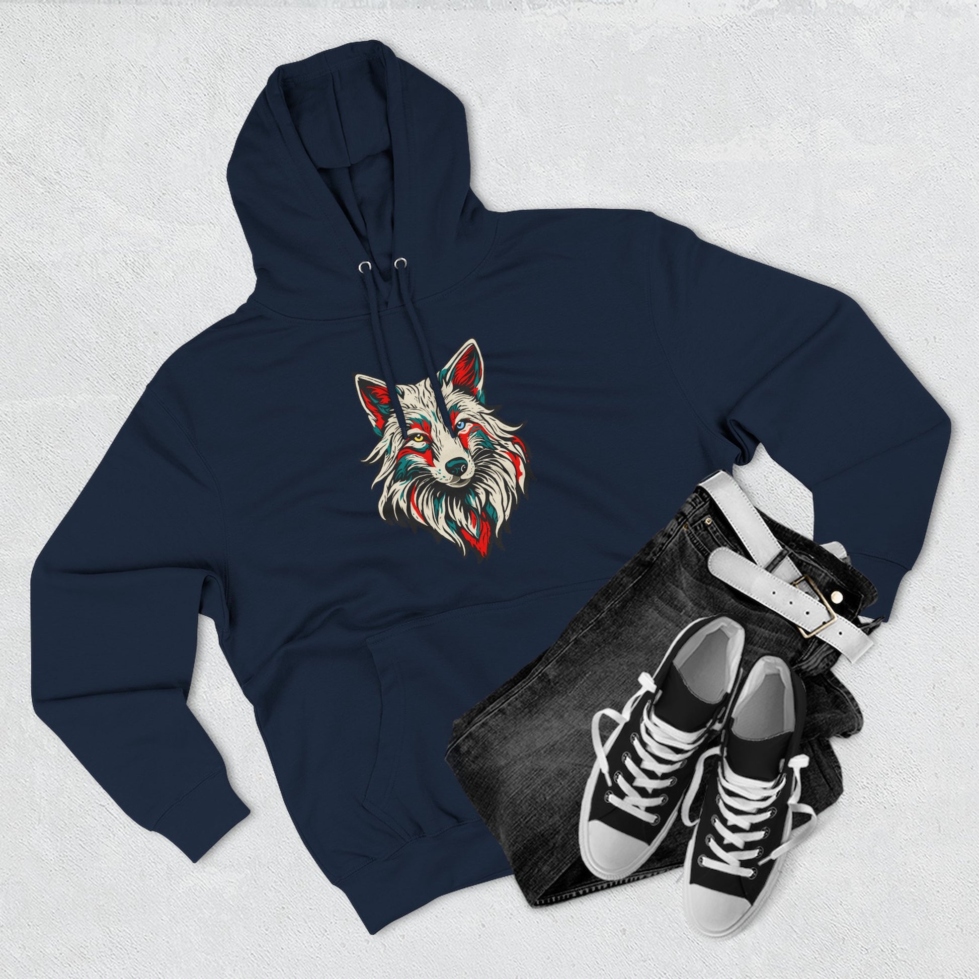 Hand-drawn Alaska Native inspired arctic fox hoodie — original Indigenous wildlife design — back view