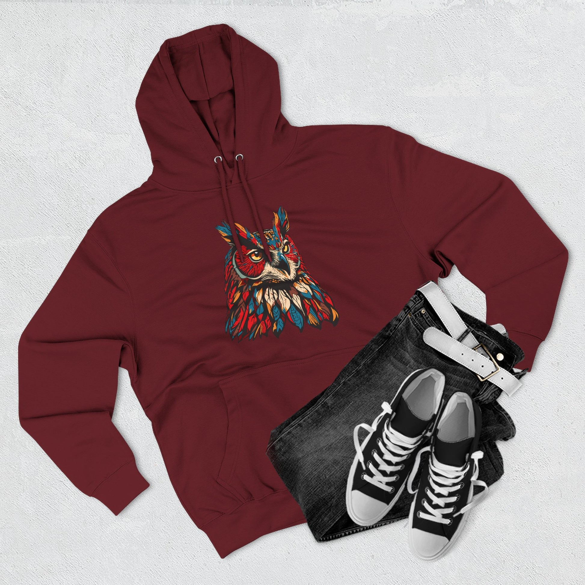 Hand-drawn Alaska Native inspired great horned owl hoodie — original Indigenous wildlife design — back view