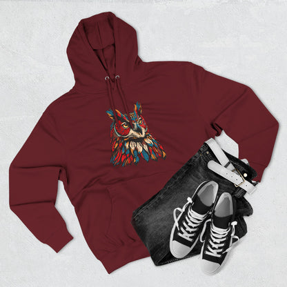 Hand-drawn Alaska Native inspired great horned owl hoodie — original Indigenous wildlife design — back view