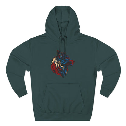 Hand-drawn Alaska Native inspired wolf hoodie — original Indigenous wildlife design — close-up of the design detail