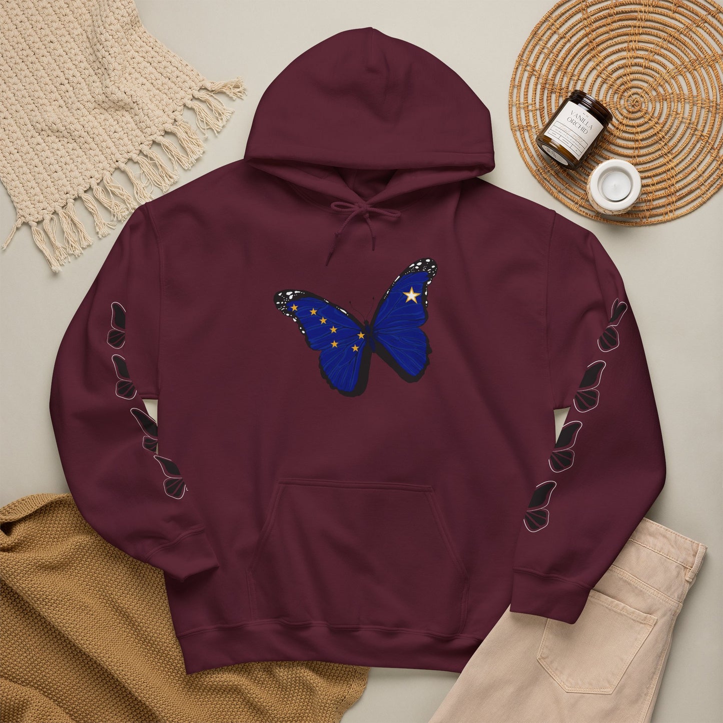 Hand-drawn 'Grace' word art hoodie inspired by Alaska Native design traditions — flat lay view