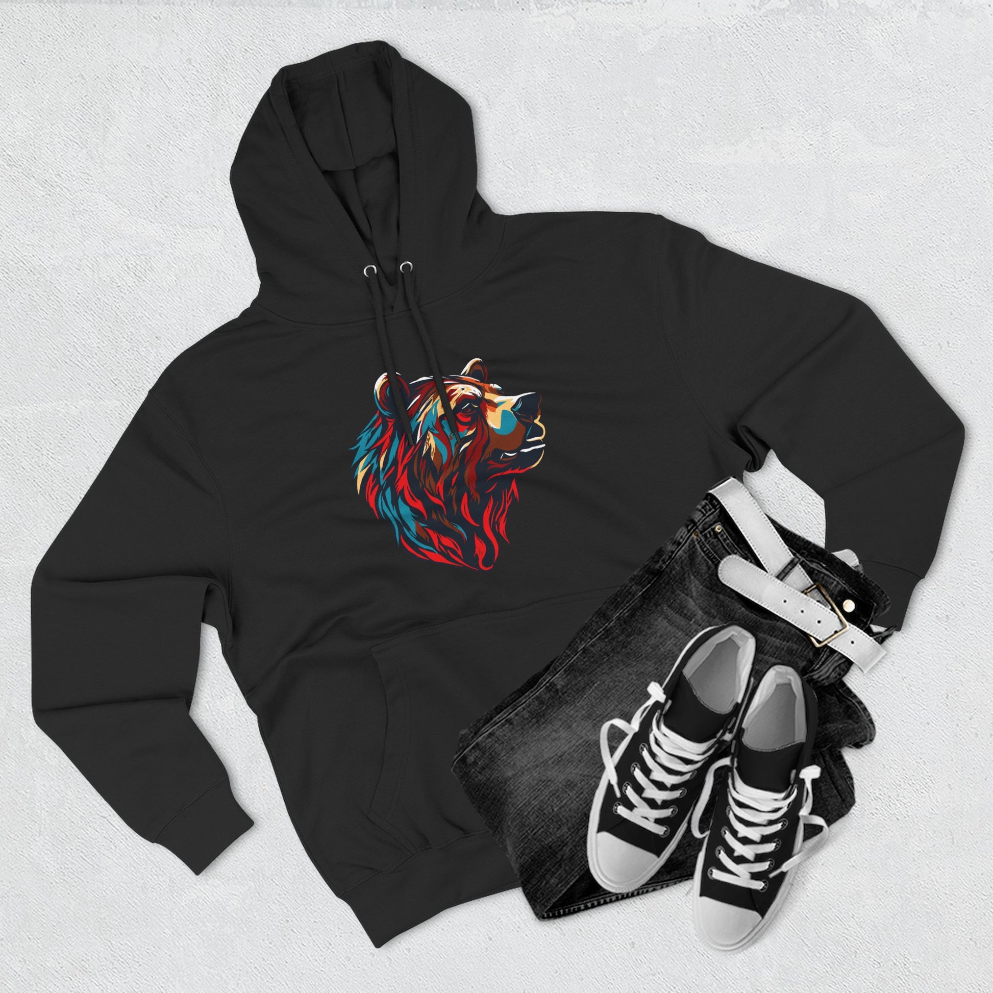 Hand-drawn Alaska Native inspired grizzly bear hoodie — original Indigenous wildlife design — flat lay view