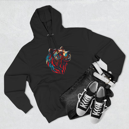Hand-drawn Alaska Native inspired grizzly bear hoodie — original Indigenous wildlife design — flat lay view