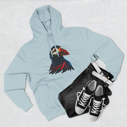 Hand-drawn Alaska Native inspired puffin hoodie — original Indigenous wildlife design — shown in an alternate colorway
