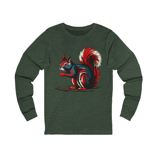 Hand-drawn squirrel icon long-sleeve tee — original wildlife art by Kayanna Healy at Neo Native