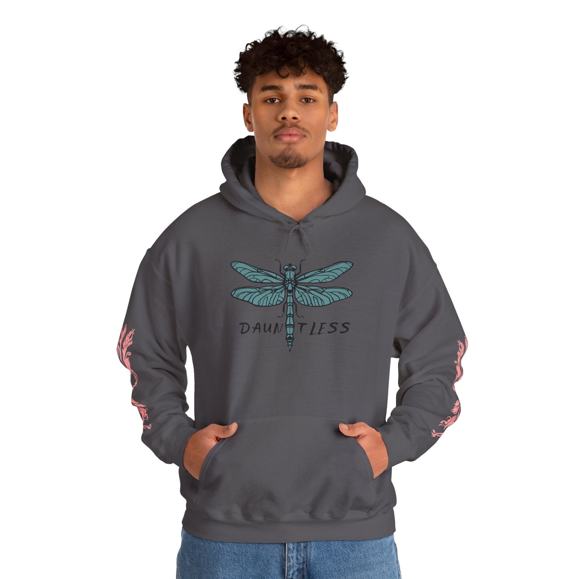 Hand-drawn 'Dauntless' word art hoodie inspired by Alaska Native design traditions — flat lay view