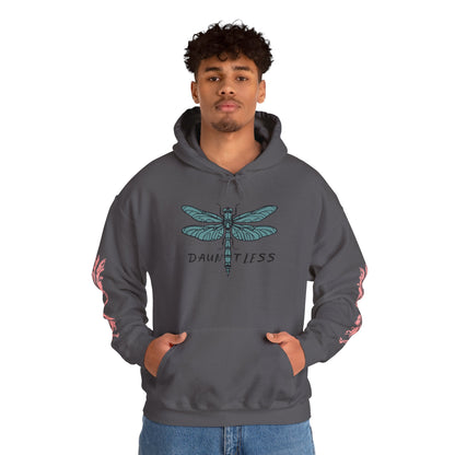 Hand-drawn 'Dauntless' word art hoodie inspired by Alaska Native design traditions — flat lay view