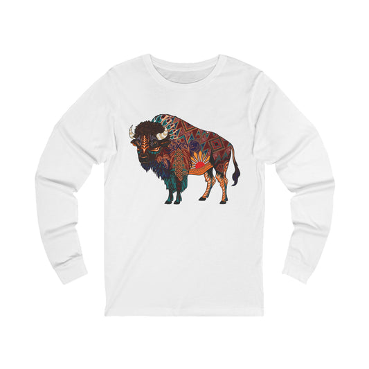 Hand-drawn bison long-sleeve tee — original wildlife art by Kayanna Healy at Neo Native