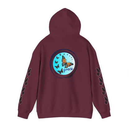 Hand-drawn 'Grace' word art hoodie inspired by Alaska Native design traditions — back view