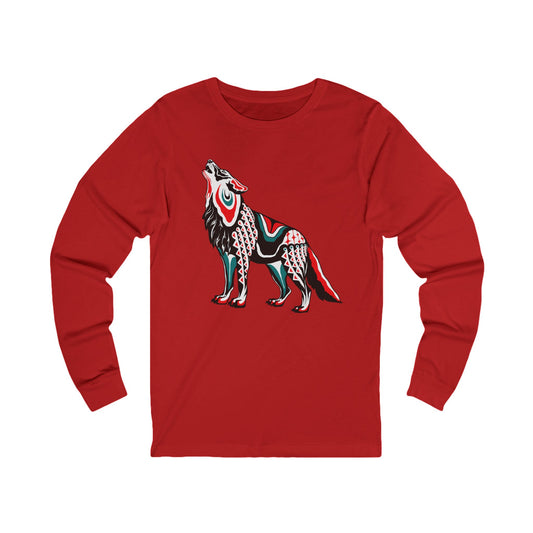 Hand-drawn howling wolf long-sleeve tee — original wildlife art by Kayanna Healy at Neo Native