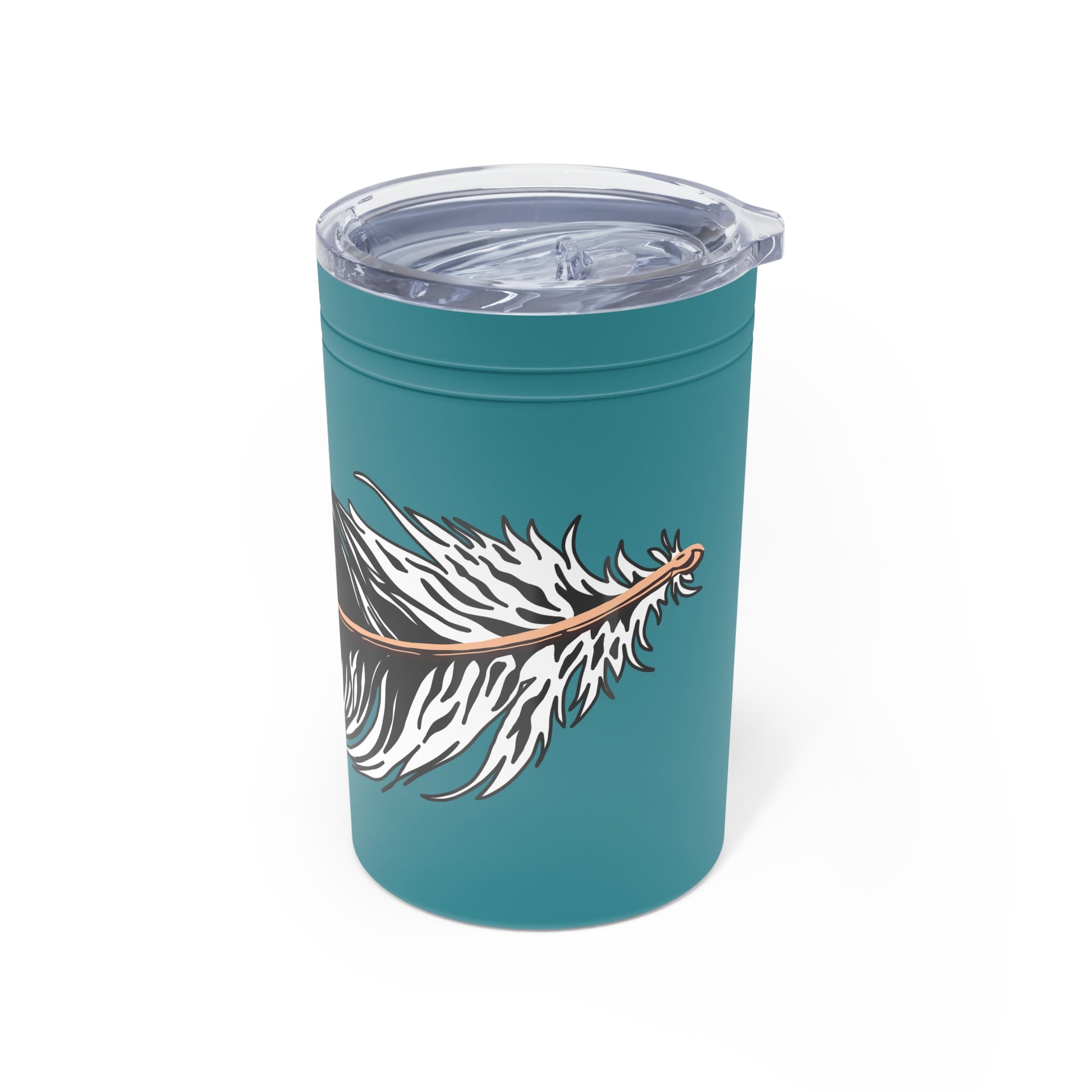 Hand-drawn Alaska Native inspired eagle feather tumbler — original Indigenous wildlife design — shown from a different angle
