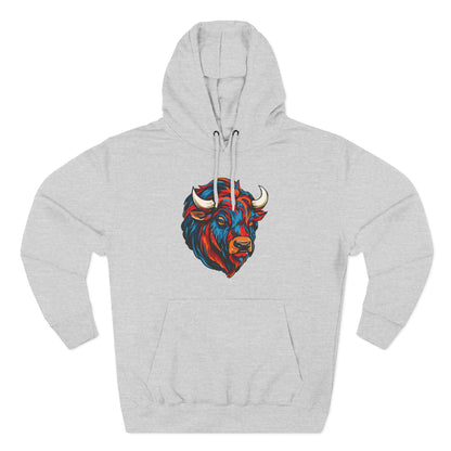 Hand-drawn Alaska Native inspired bison hoodie — original Indigenous wildlife design — close-up of the design detail