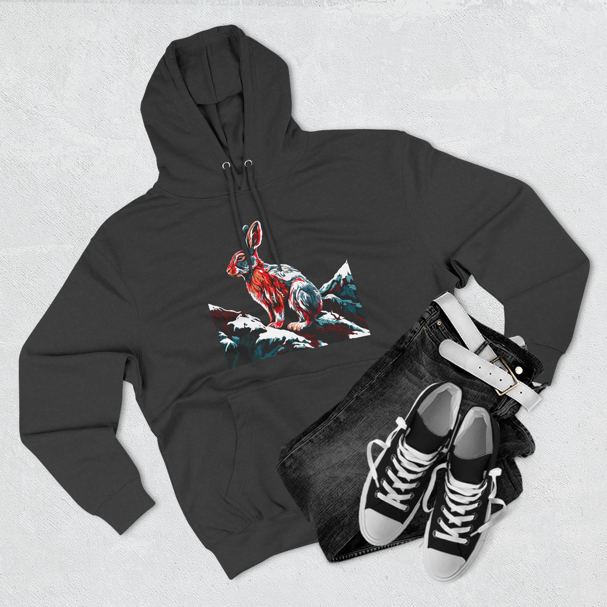 Hand-drawn Alaska Native inspired snowshoe hare hoodie — original Indigenous wildlife design — front view