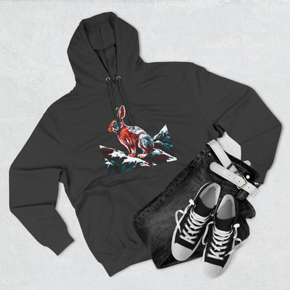 Hand-drawn Alaska Native inspired snowshoe hare hoodie — original Indigenous wildlife design — front view