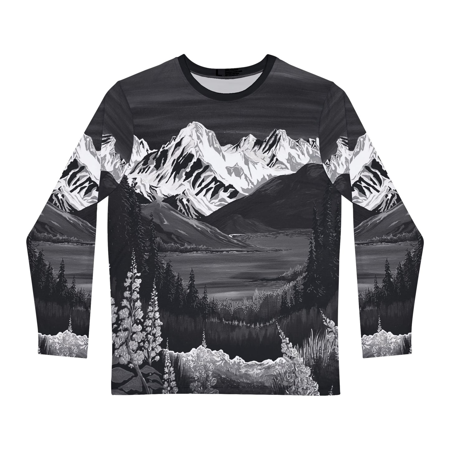 Hand-drawn alpine fireweed (b&w) all-over-print long-sleeve — original wildlife art by Kayanna Healy at Neo Native