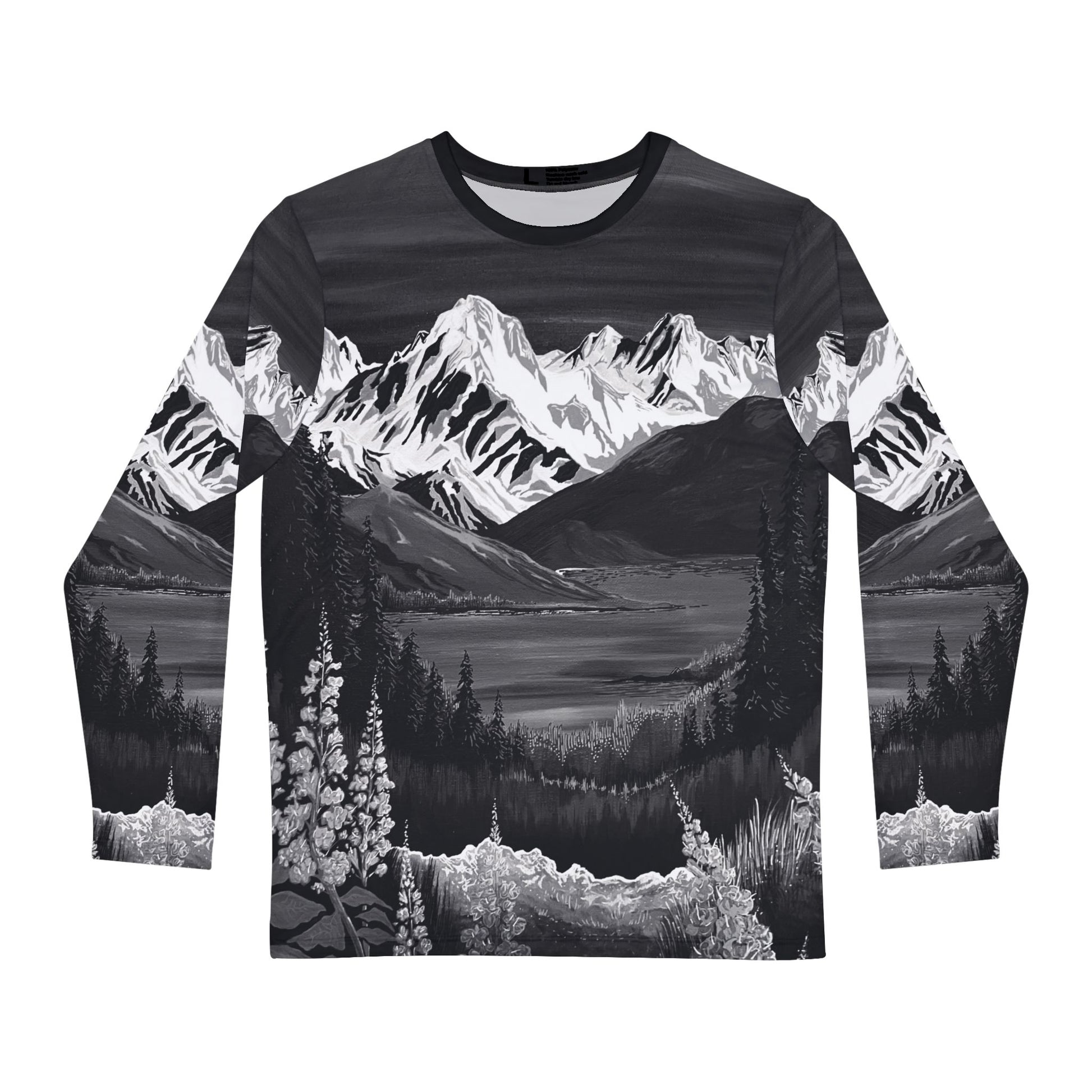 Hand-drawn alpine fireweed (b&w) all-over-print long-sleeve — original wildlife art by Kayanna Healy at Neo Native
