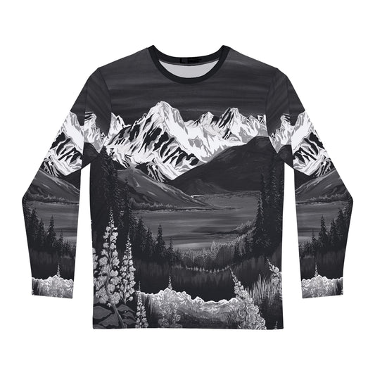 Hand-drawn alpine fireweed (b&w) all-over-print long-sleeve — original wildlife art by Kayanna Healy at Neo Native