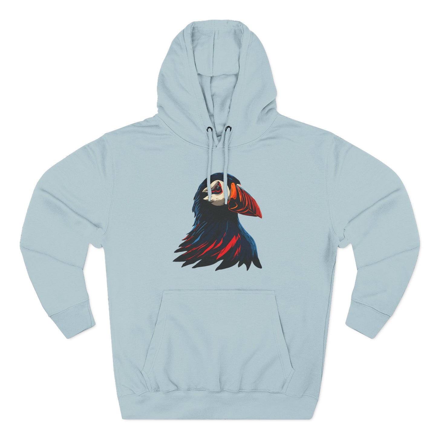 Hand-drawn Alaska Native inspired puffin hoodie — original Indigenous wildlife design — front view
