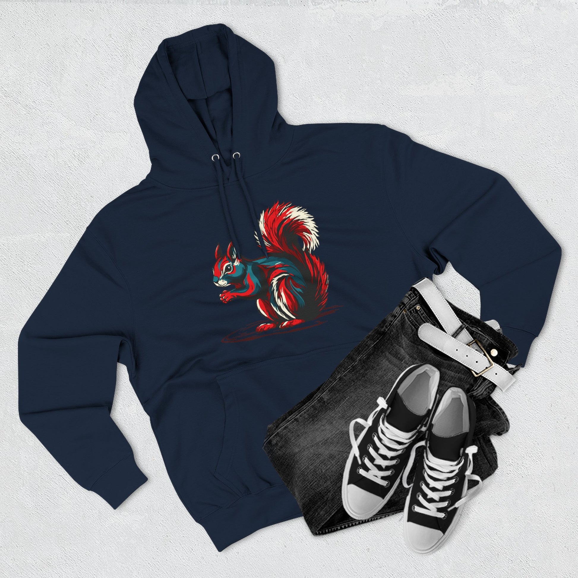 Hand-drawn Alaska Native inspired squirrel hoodie — original Indigenous wildlife design — flat lay view