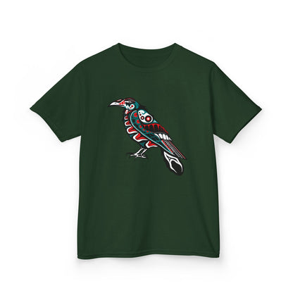 Hand-drawn Alaska Native inspired raven kids' shirt — original Indigenous wildlife design — close-up of the design detail