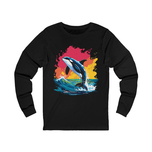 Hand-drawn orca long-sleeve tee — original wildlife art by Kayanna Healy at Neo Native