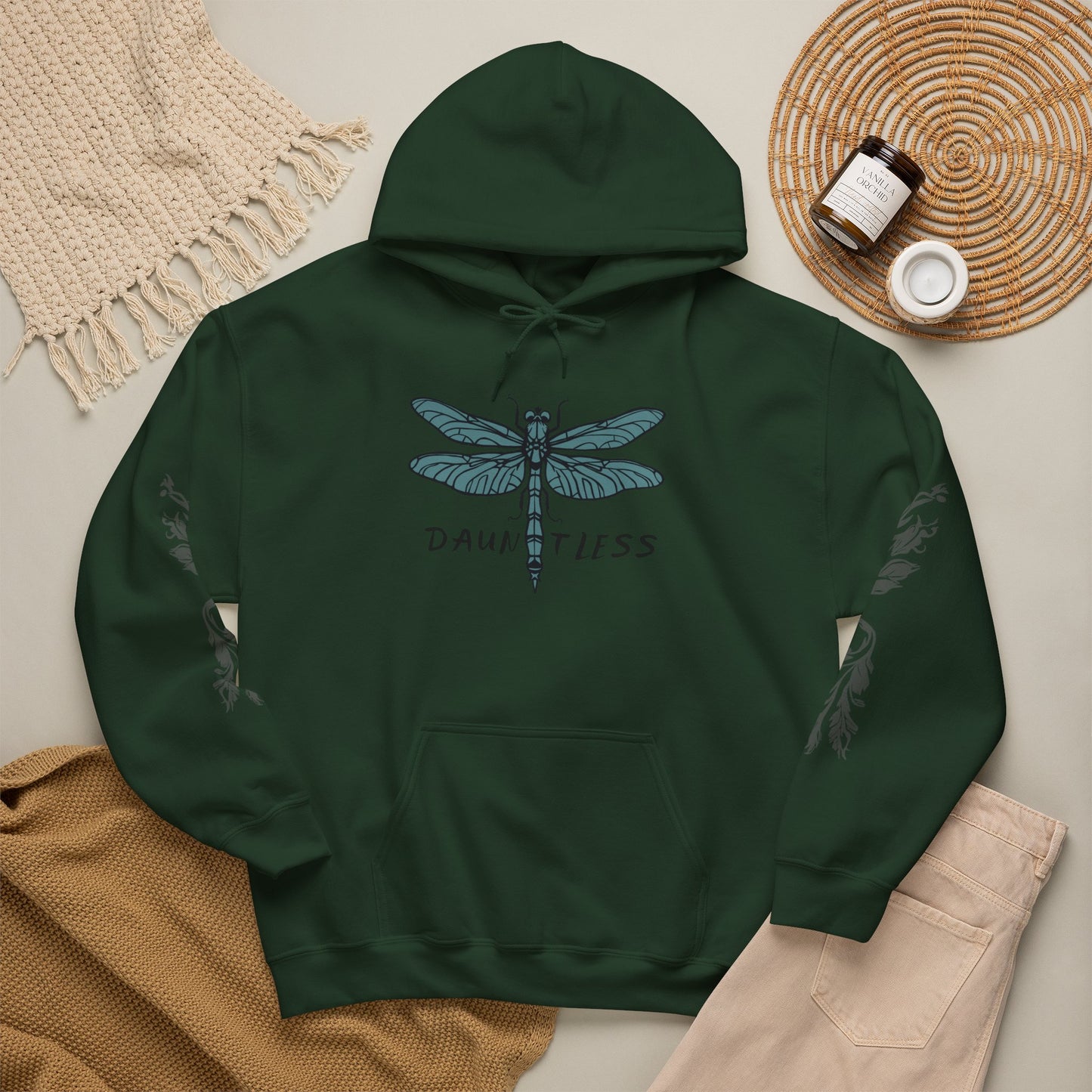 Hand-drawn 'Dauntless' word art hoodie inspired by Alaska Native design traditions — front view