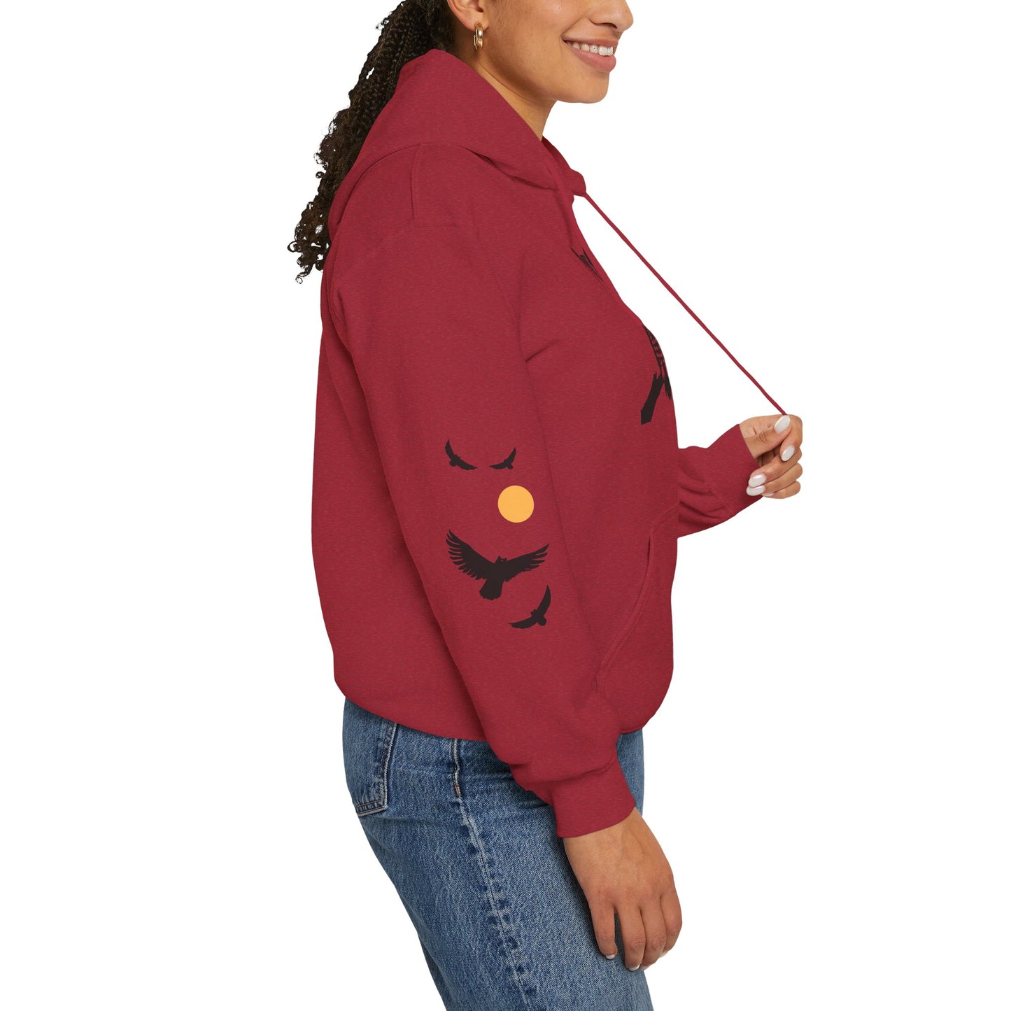 Hand-drawn 'Wisdom' word art hoodie inspired by Alaska Native design traditions — shown from a different angle