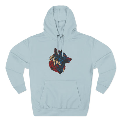 Hand-drawn Alaska Native inspired wolf hoodie — original Indigenous wildlife design — front view
