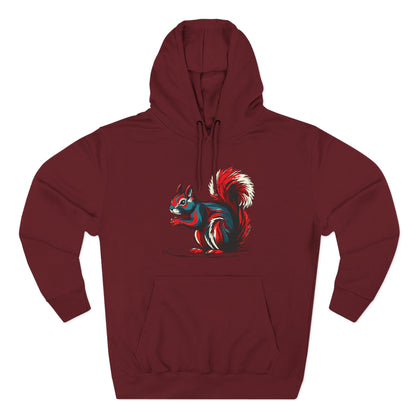 Hand-drawn Alaska Native inspired squirrel hoodie — original Indigenous wildlife design — styled product photo
