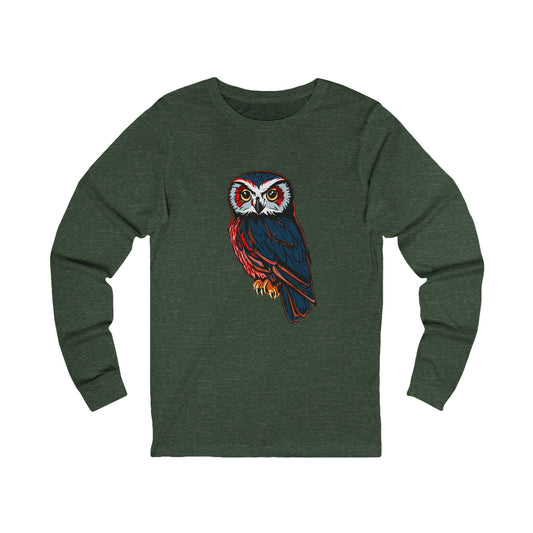 Hand-drawn Alaska Native inspired saw-whet owl long-sleeve shirt — original Indigenous wildlife design