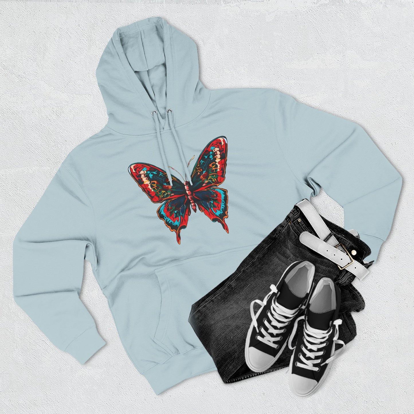 Hand-drawn Alaska Native inspired butterfly hoodie — original Indigenous wildlife design — shown in an alternate colorway