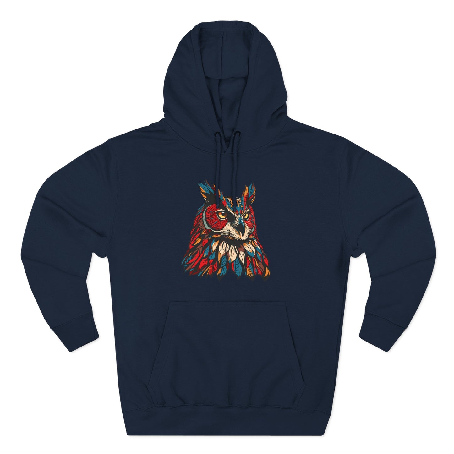 Hand-drawn Alaska Native inspired great horned owl hoodie — original Indigenous wildlife design — front view