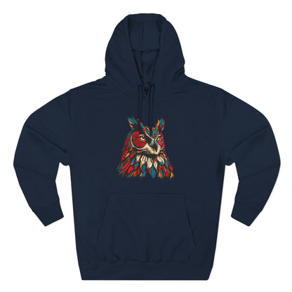 Hand-drawn Alaska Native inspired great horned owl hoodie — original Indigenous wildlife design — front view