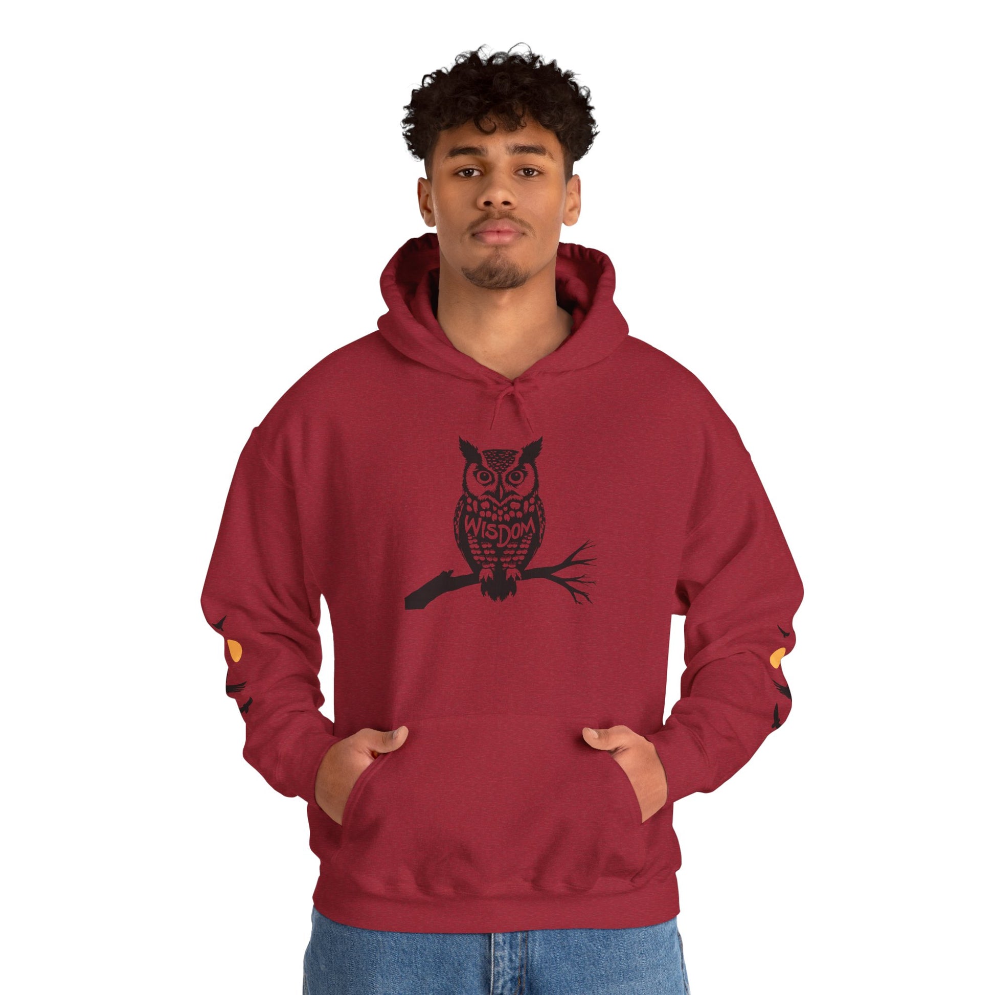 Hand-drawn 'Wisdom' word art hoodie inspired by Alaska Native design traditions — close-up of the design detail