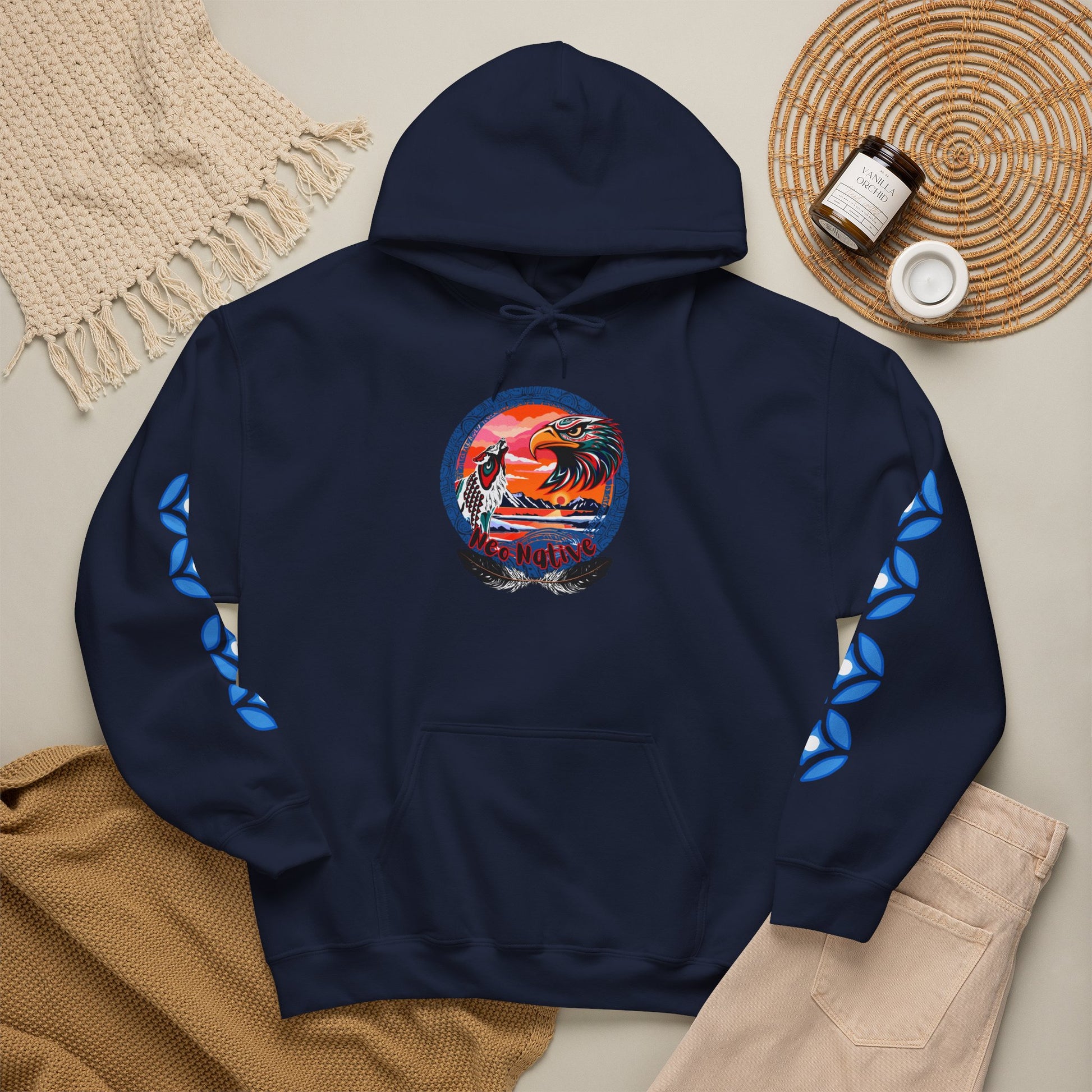 Neo Native brand logo hoodie — Alaska Native owned apparel brand — close-up of the design detail