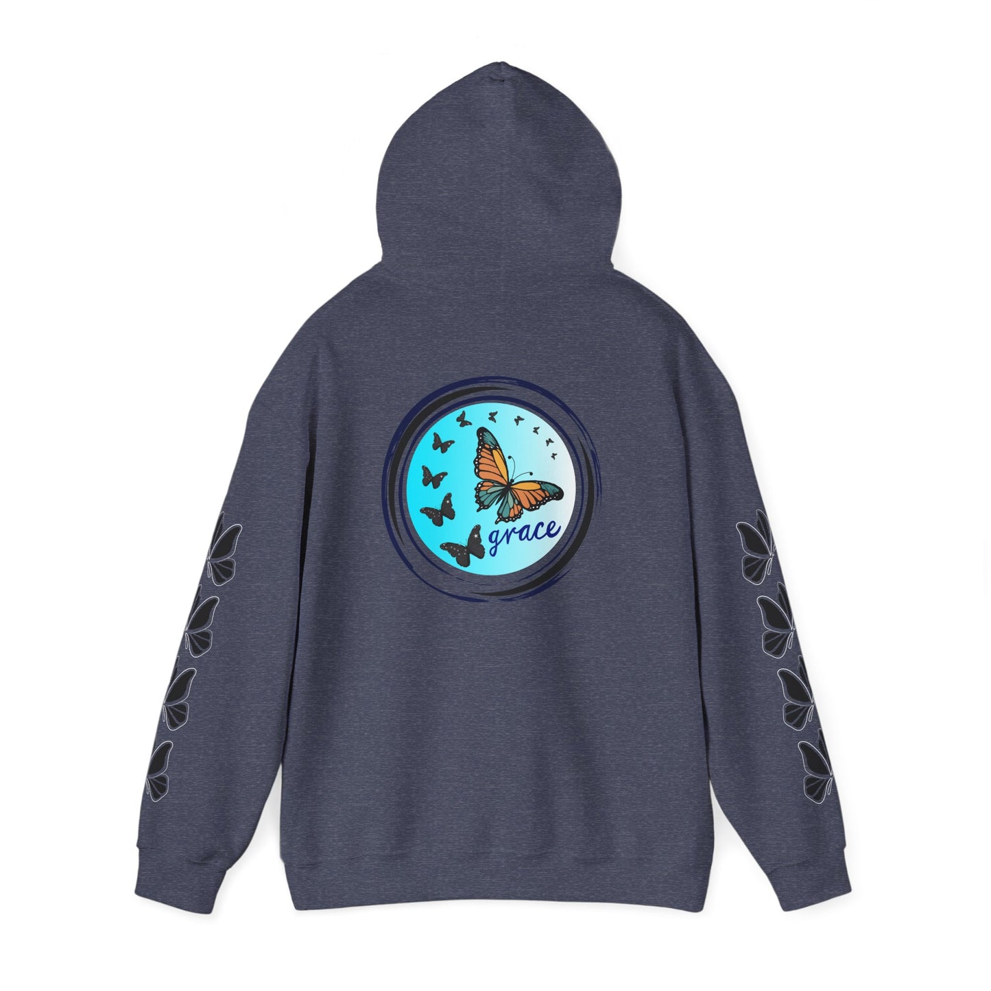 Hand-drawn 'Grace' word art hoodie inspired by Alaska Native design traditions — close-up texture detail