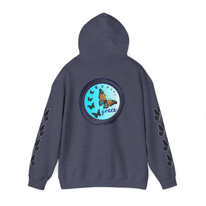 Hand-drawn 'Grace' word art hoodie inspired by Alaska Native design traditions — close-up texture detail