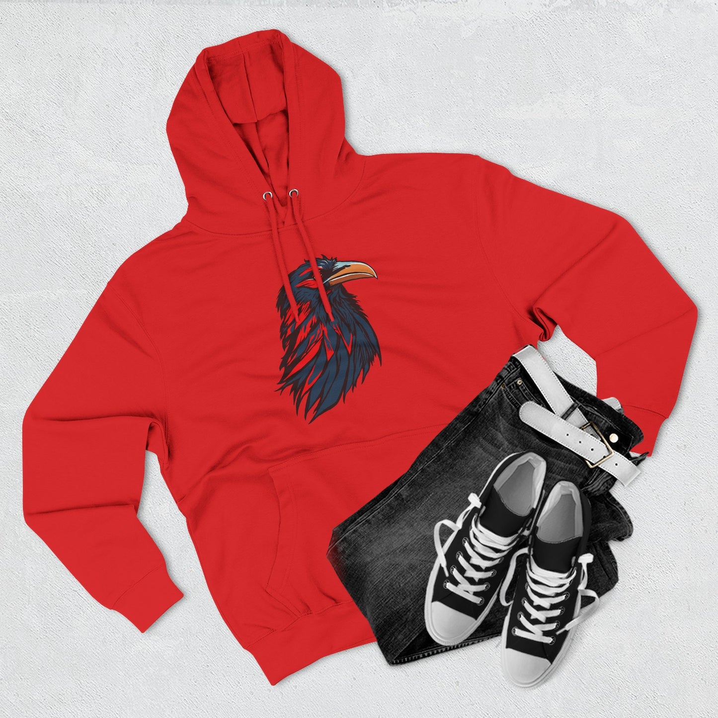 Hand-drawn Alaska Native inspired raven hoodie — original Indigenous wildlife design — shown in an alternate colorway