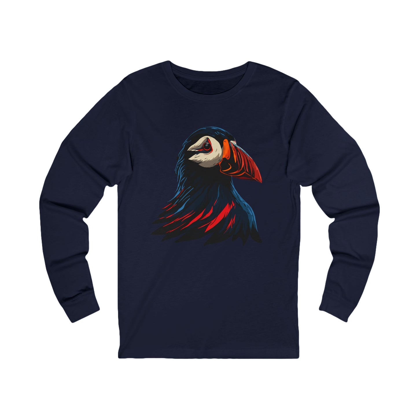 Hand-drawn puffin icon long-sleeve tee — original wildlife art by Kayanna Healy at Neo Native