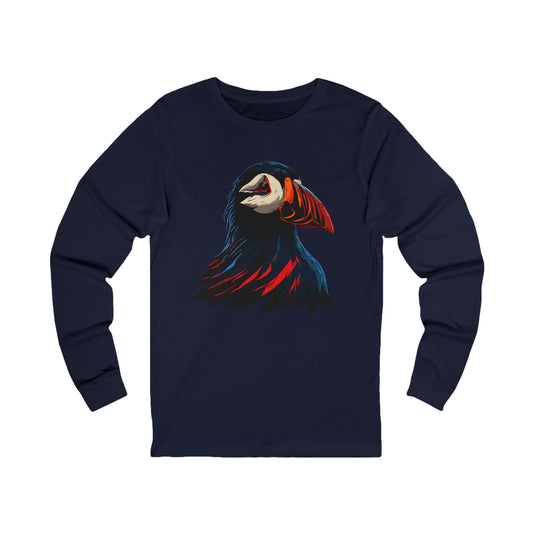 Hand-drawn puffin icon long-sleeve tee — original wildlife art by Kayanna Healy at Neo Native