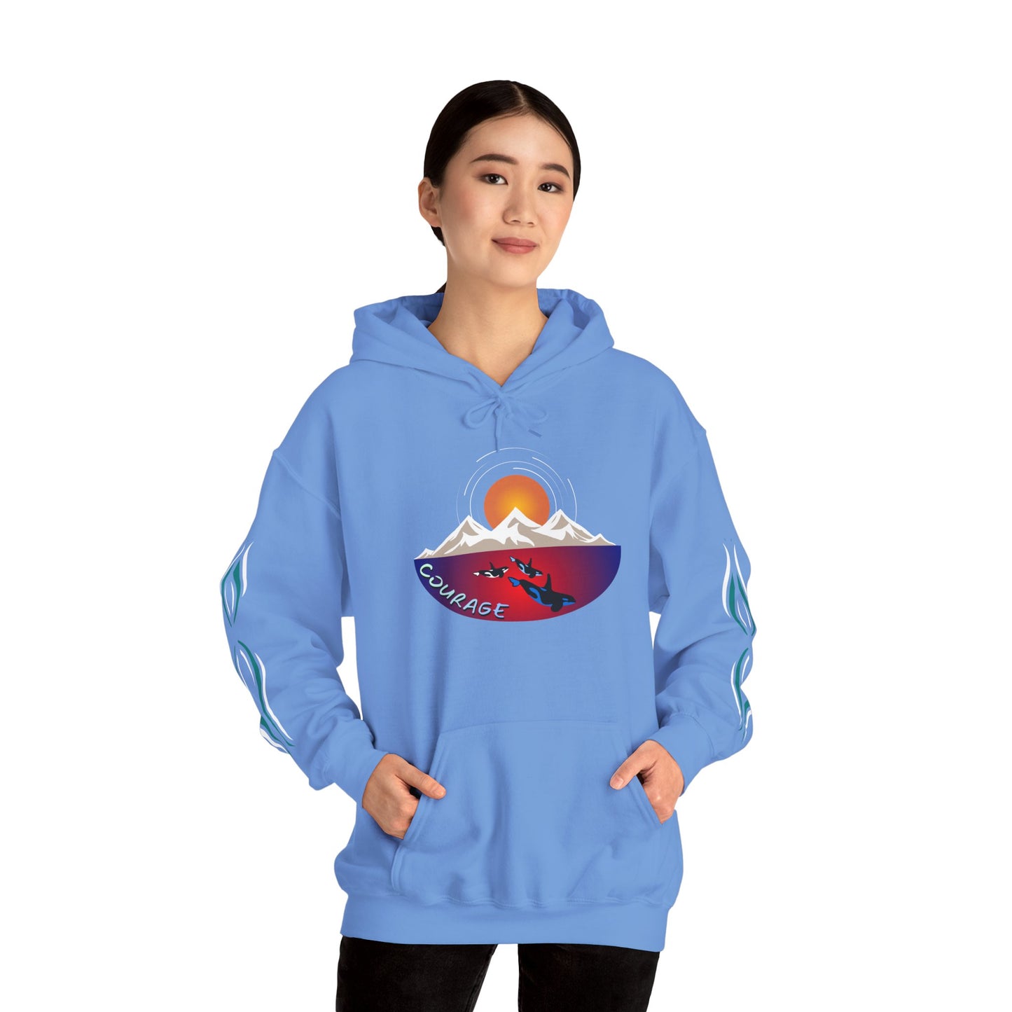 Hand-drawn 'Courage' word art hoodie inspired by Alaska Native design traditions — flat lay view