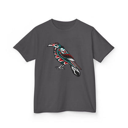 Hand-drawn Alaska Native inspired raven kids' shirt — original Indigenous wildlife design — shown from a different angle
